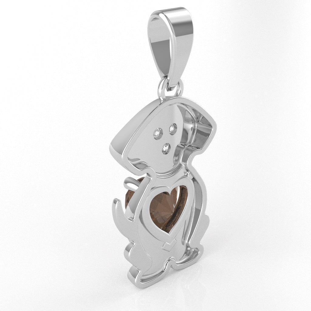 Smoky Quartz Diamond Puppy Love Heart Pendant In 10k White Gold