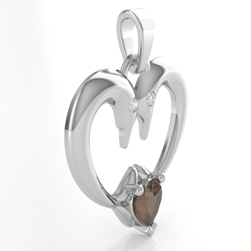 Smoky Quartz Diamond 2 Dolphins Heart Love Pendant In 14k White Gold