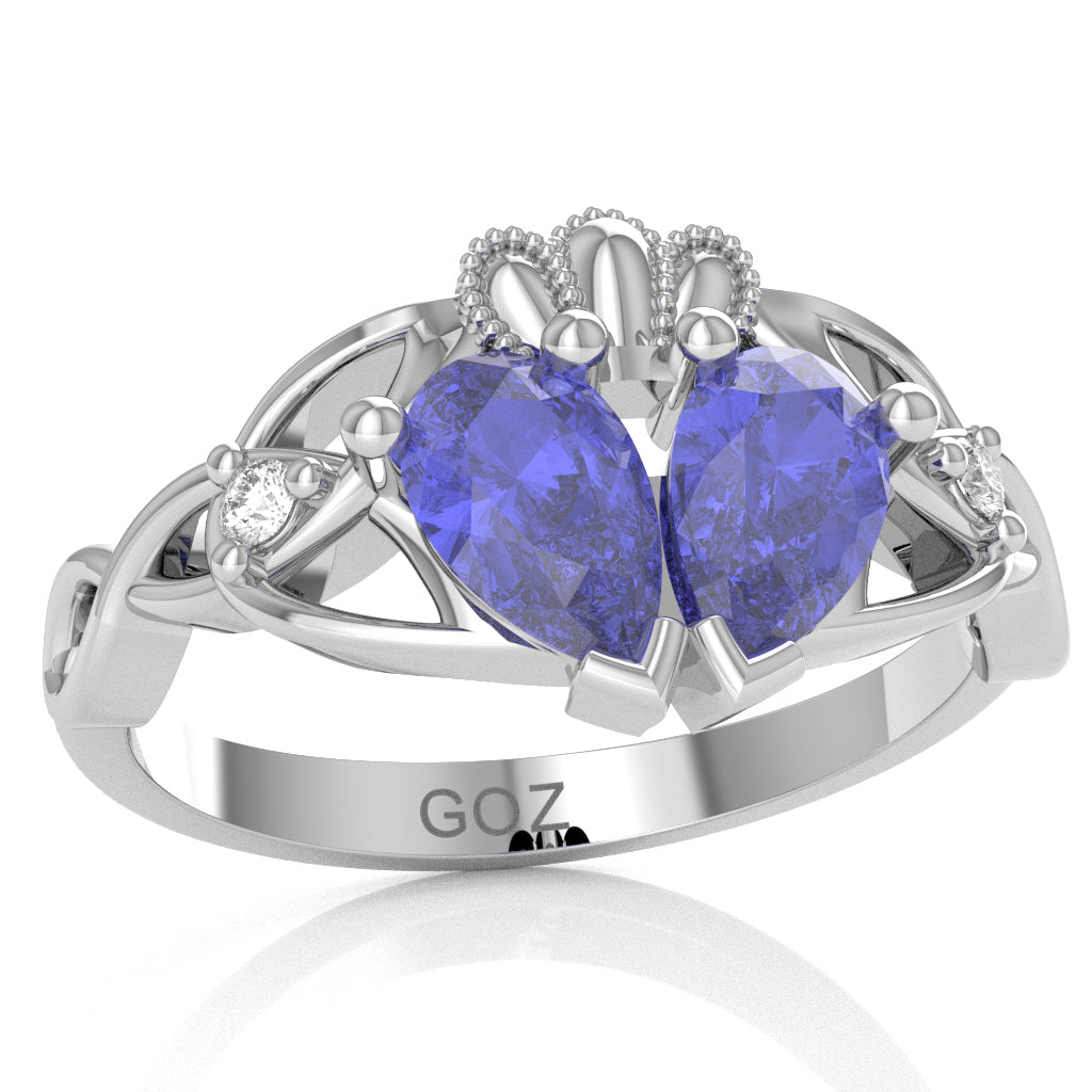 Tanzanite Diamond Celtic Knot Heart Claddagh Ring In 10k White Gold