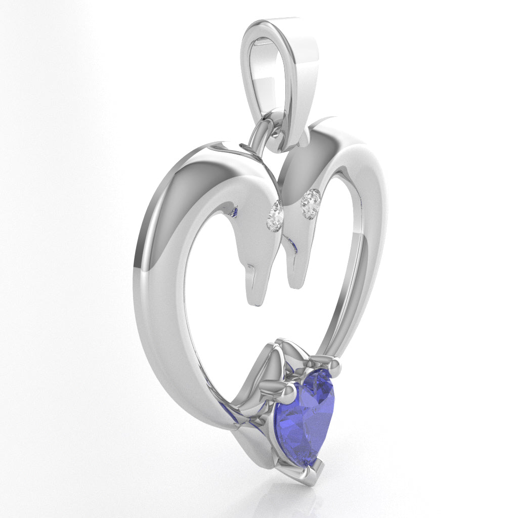 Tanzanite Diamond 2 Dolphins Heart Love Pendant In 14k White Gold
