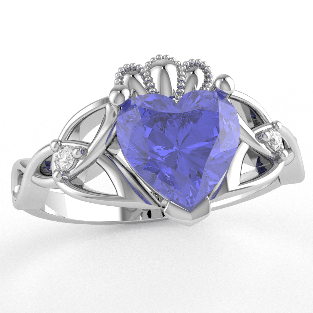 Celtic Trinity Knot Claddagh Heart Tanzanite Diamond Ring In 10k White Gold