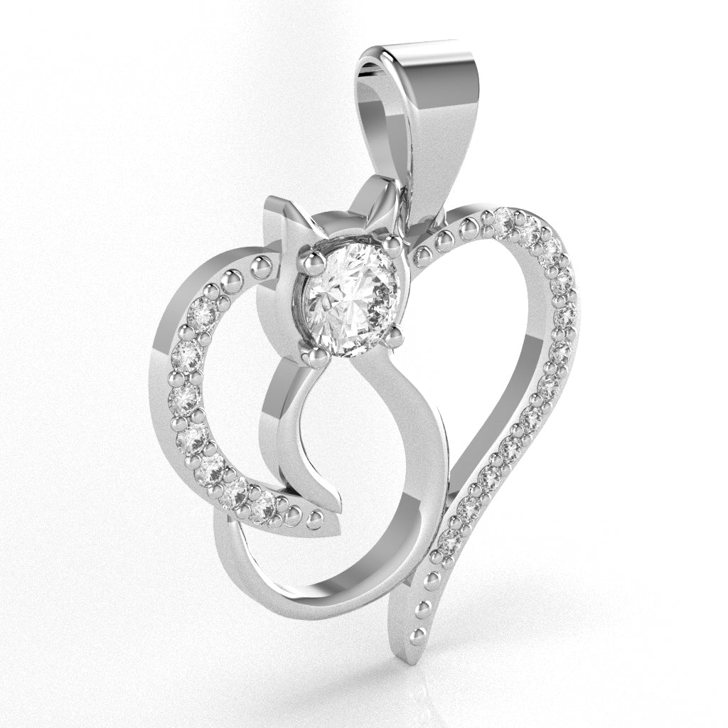 White Topaz Diamond Cat Love Heart Pendant In 10k White Gold