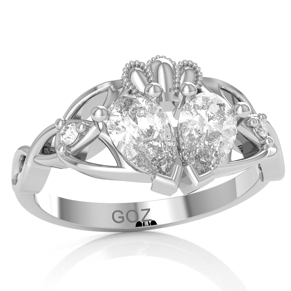 White Topaz Diamond Celtic Knot Heart Claddagh Ring In 10k White Gold