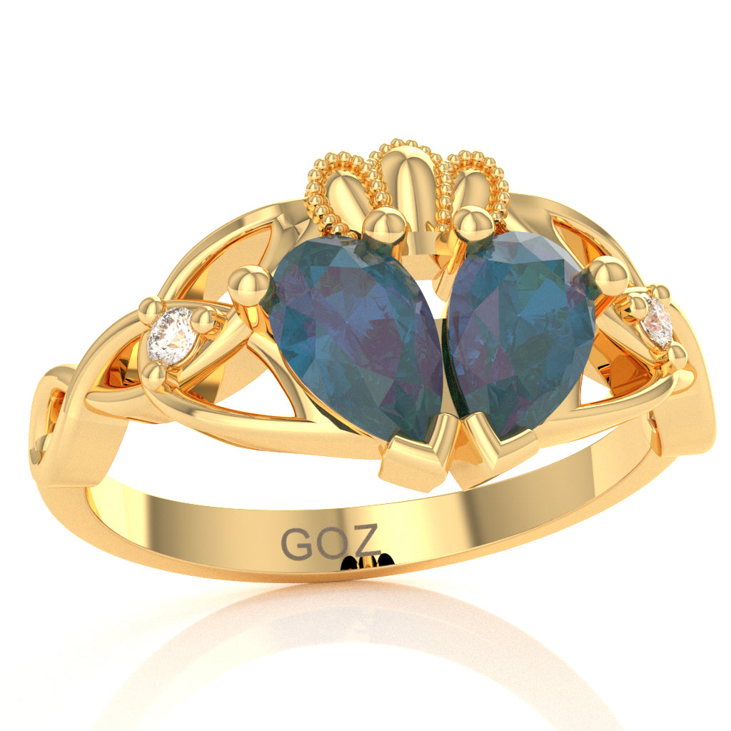 Lab-Created Alexandrite Diamond Celtic Knot Heart Claddagh Ring In 14k Yellow Gold