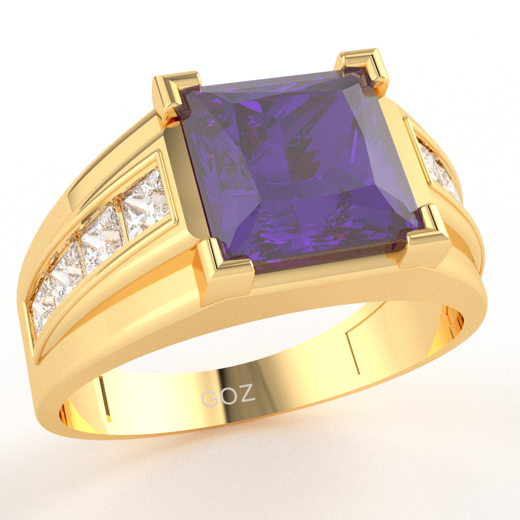 Men's Big Daddy Amethyst Lab-Grown Diamond Channel Ring In Solid 10k Yellow Gold
