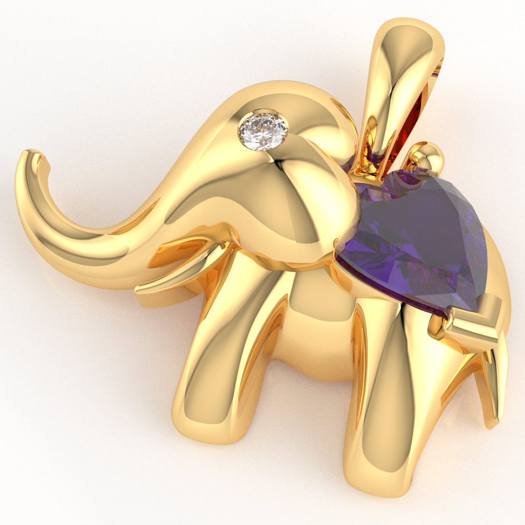 Amethyst Diamond Elephant Heart Birthstone Pendant In 14k Yellow Gold