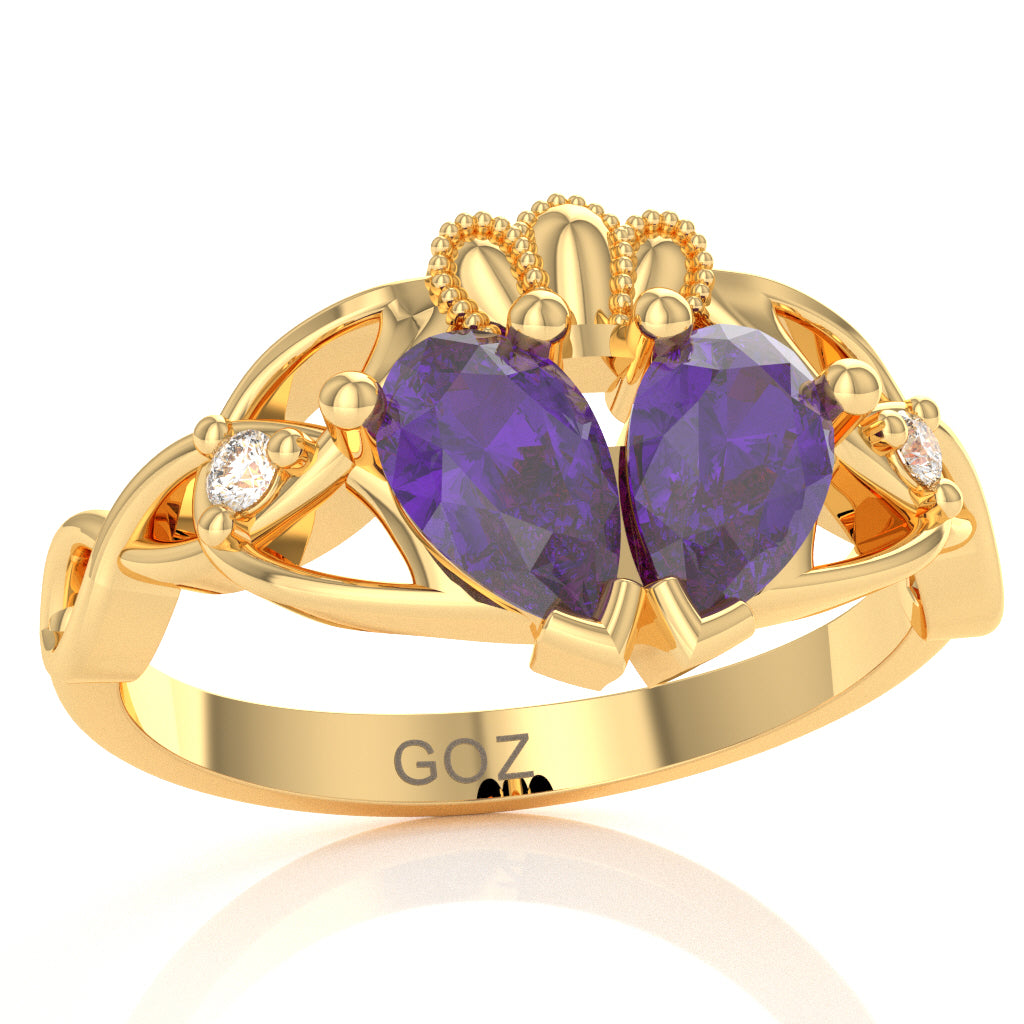 Amethyst Diamond Celtic Knot Heart Claddagh Ring In 10k Yellow Gold