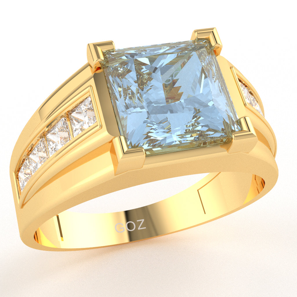 Men's Big Daddy Aquamarine Lab-Grown Diamond Channel Ring In Solid 14k Yellow Gold