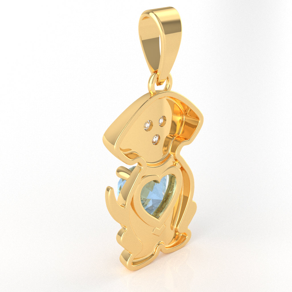 Aquamarine Diamond Puppy Love Heart Pendant In 10k Yellow Gold