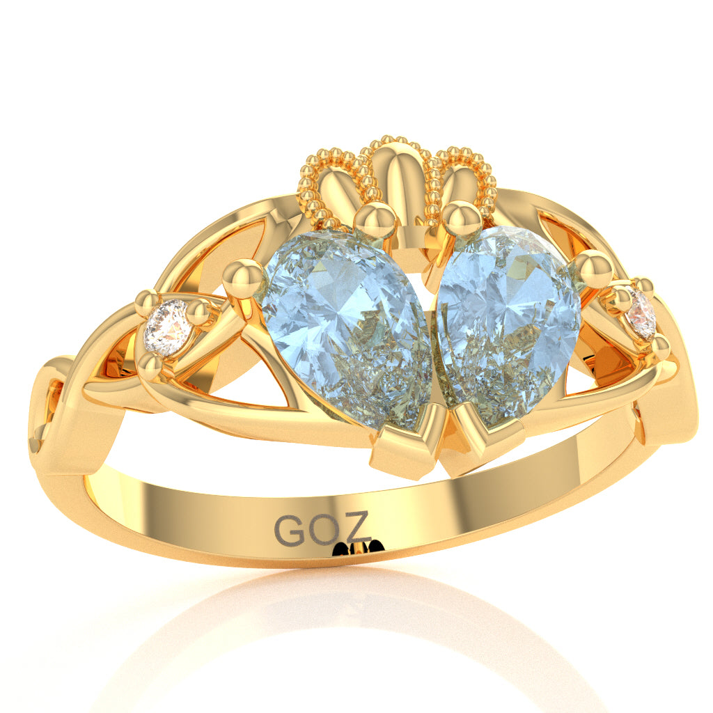 Aquamarine Diamond Celtic Knot Heart Claddagh Ring In 10k Yellow Gold
