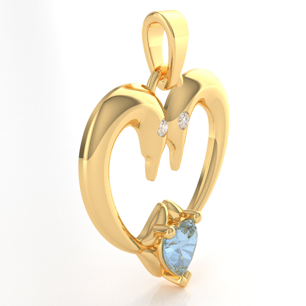 Aquamarine Diamond 2 Dolphins Heart Love Pendant In 14k Yellow Gold