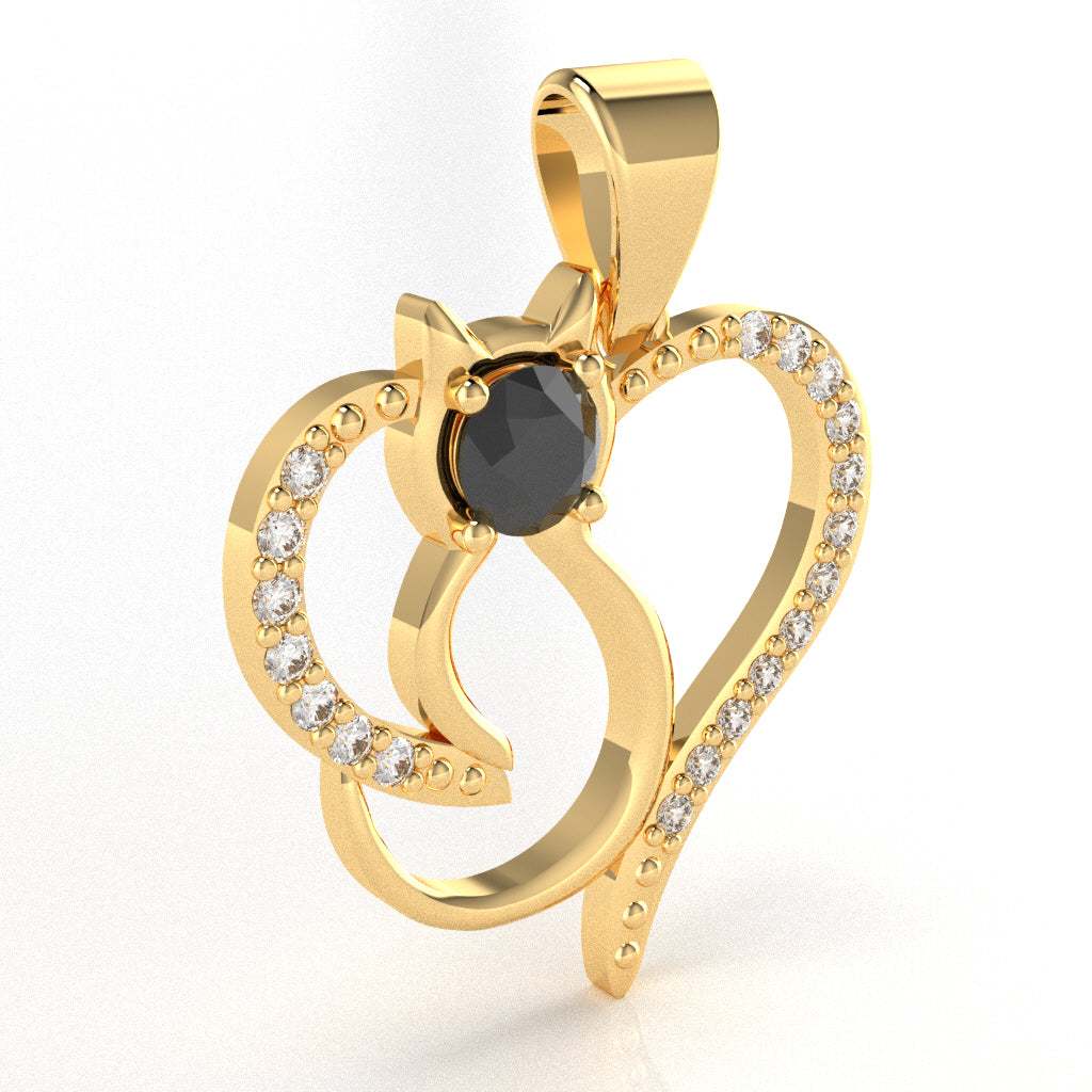 Black Onyx Diamond Cat Love Heart Pendant In 10k Yellow Gold