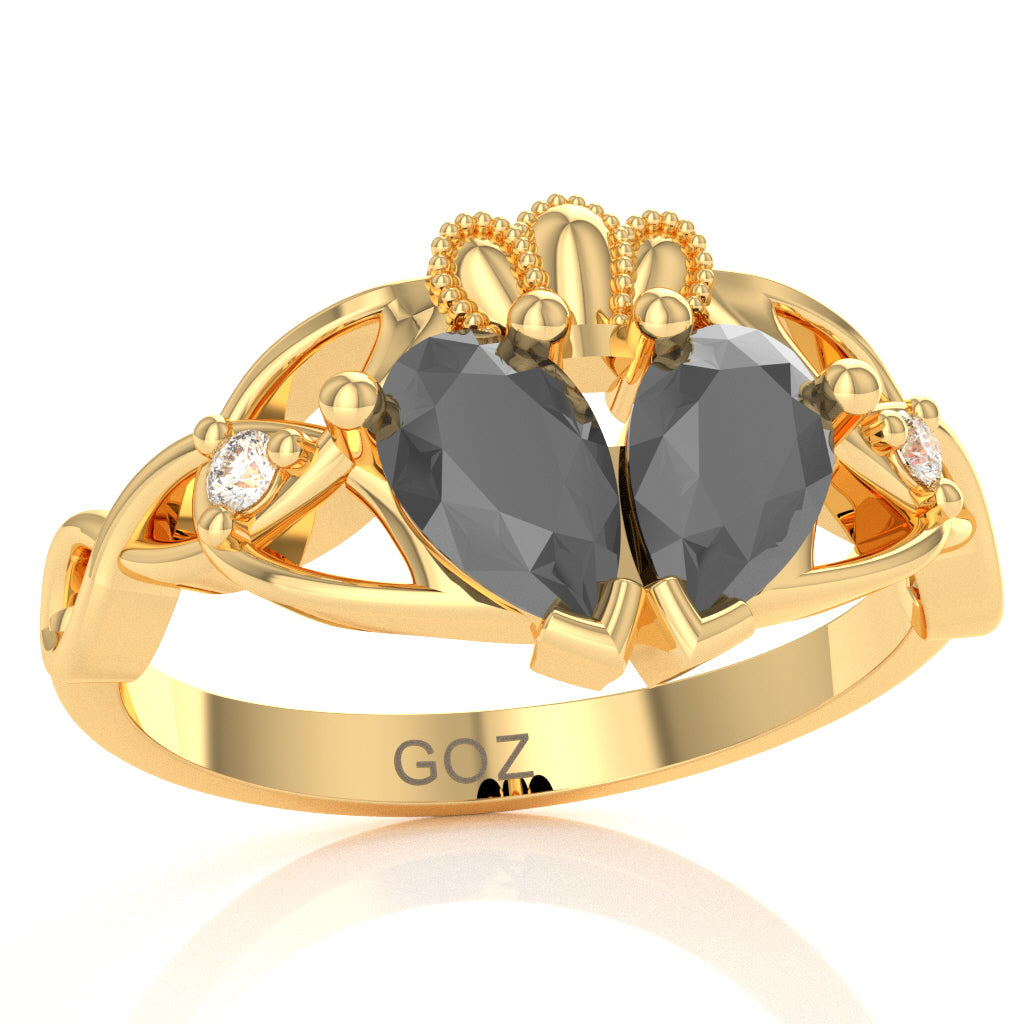 Black Onyx Diamond Celtic Knot Heart Claddagh Ring In 14k Yellow Gold