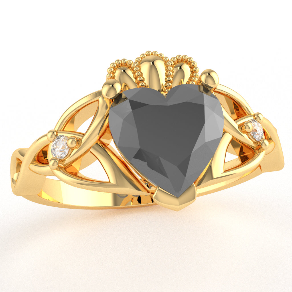 Celtic Trinity Knot Claddagh Heart Black Onyx Diamond Ring In 14k Yellow Gold