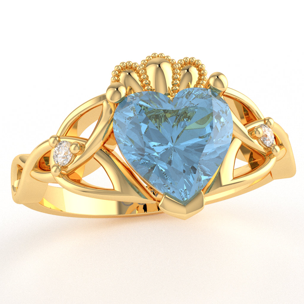 Celtic Trinity Knot Claddagh Heart Blue Topaz Diamond Ring In 10k Yellow Gold