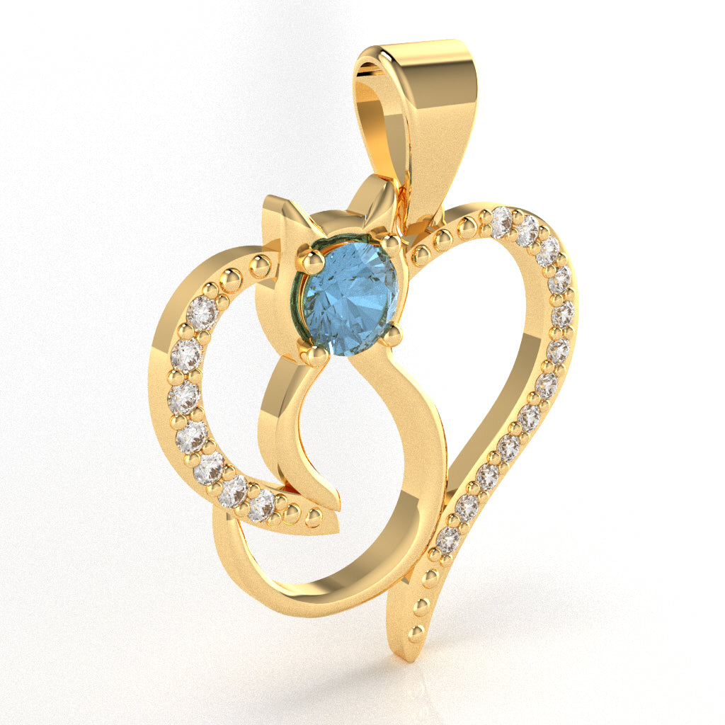 Blue Topaz Diamond Cat Love Heart Pendant In 14k Yellow Gold