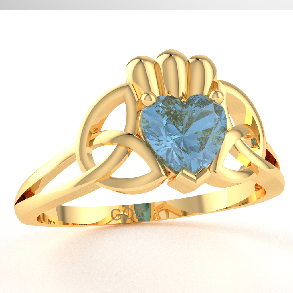 Celtic Trinity Knot Claddagh Blue Topaz Engagement Ring In 14k Yellow Gold