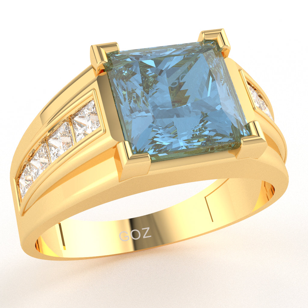 Men's Big Daddy Blue Topaz Lab-Grown Diamond Channel Ring In Solid 10k Yellow Gold