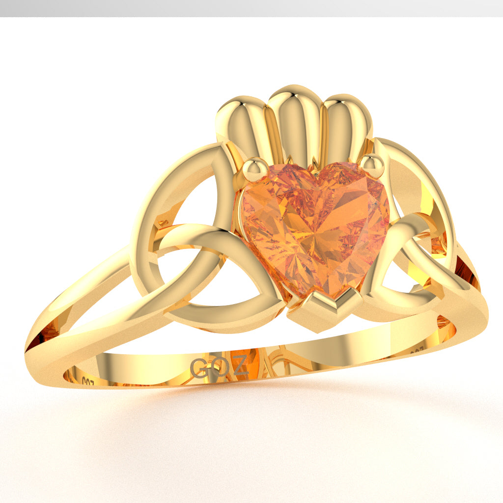 Celtic Trinity Knot Claddagh Citrine Engagement Ring In 14k Yellow Gold