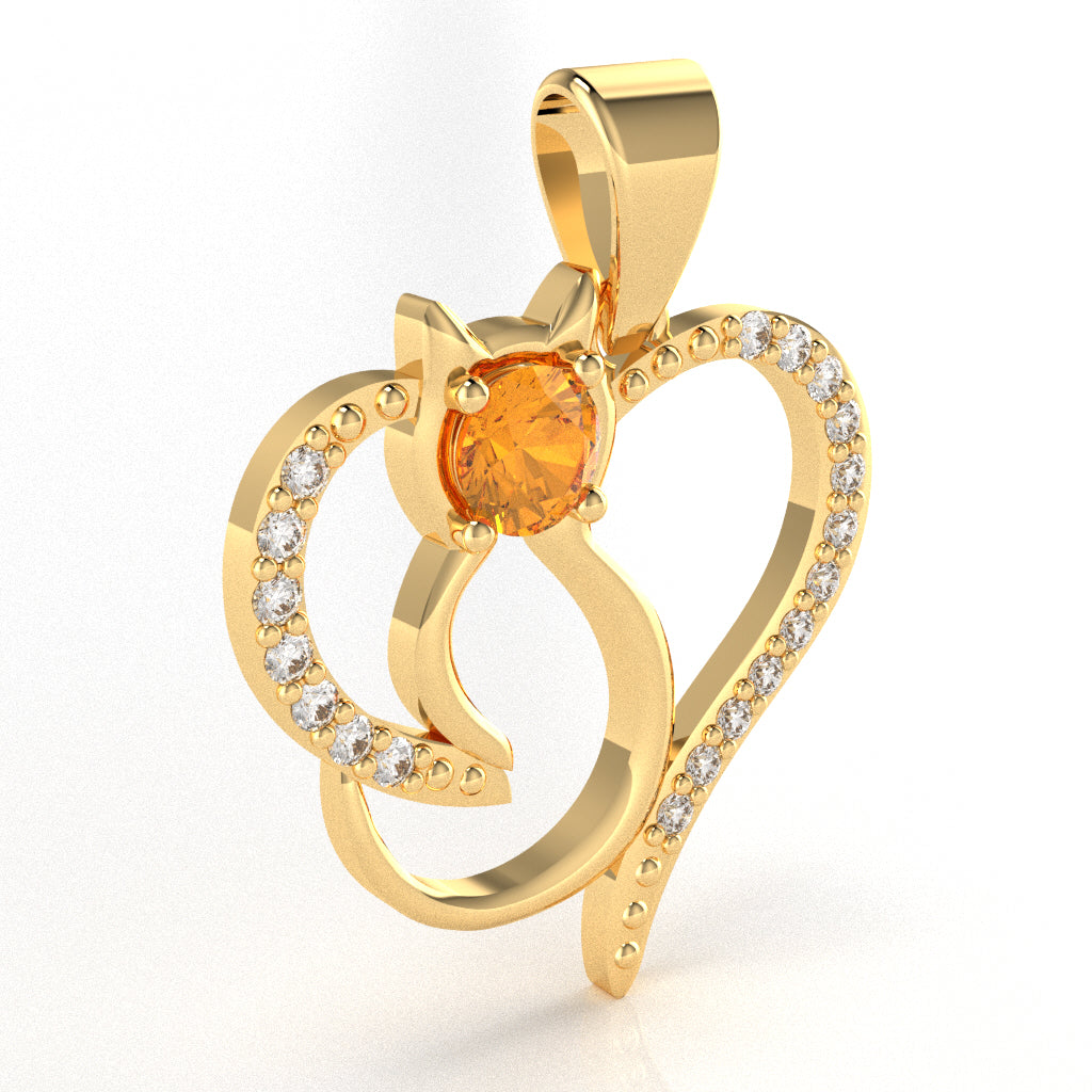 Citrine Diamond Cat Love Heart Pendant In 10k Yellow Gold