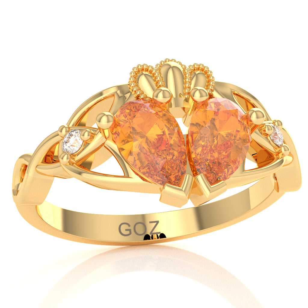 Citrine Diamond Celtic Knot Heart Claddagh Ring In 10k Yellow Gold