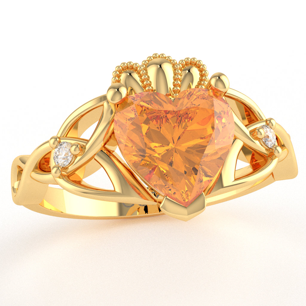 Celtic Trinity Knot Claddagh Heart Citrine Diamond Ring In 14k Yellow Gold