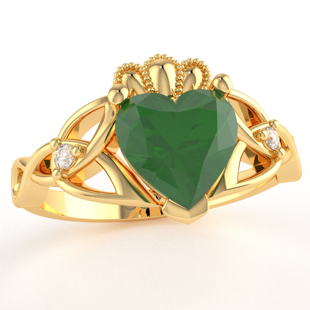 Celtic Trinity Knot Claddagh Heart Emerald Diamond Ring In 14k Yellow Gold