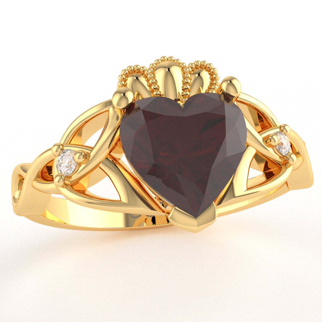 Celtic Trinity Knot Claddagh Heart Garnet Diamond Ring In 10k Yellow Gold