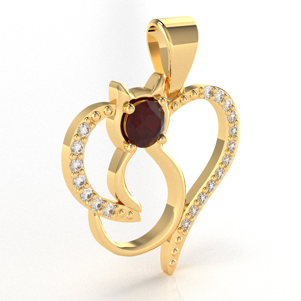 Garnet Diamond Cat Love Heart Pendant In 10k Yellow Gold