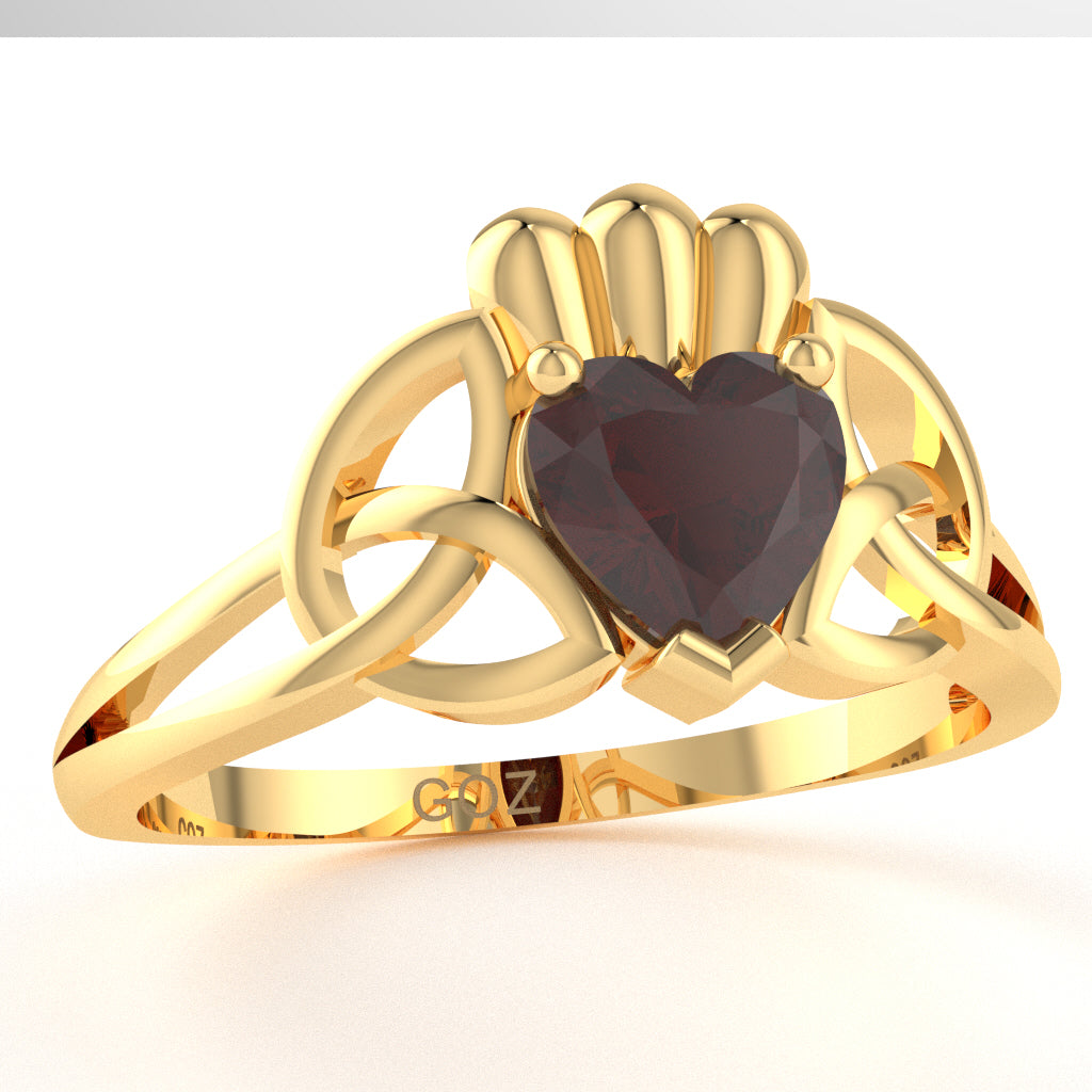 Celtic Trinity Knot Claddagh Garnet Engagement Ring In 14k Yellow Gold