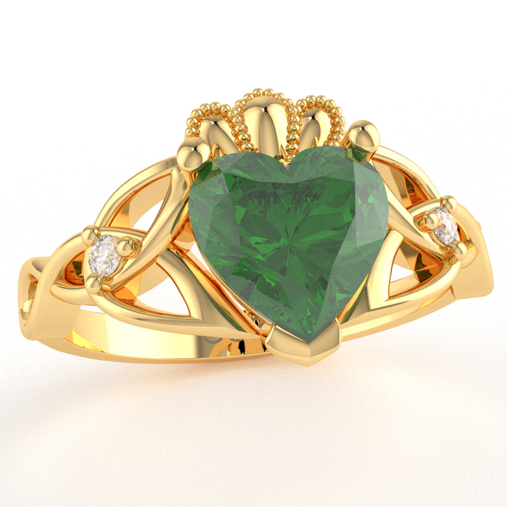 Celtic Trinity Knot Claddagh Heart Lab-Created Emerald Diamond Ring In 14k Yellow Gold