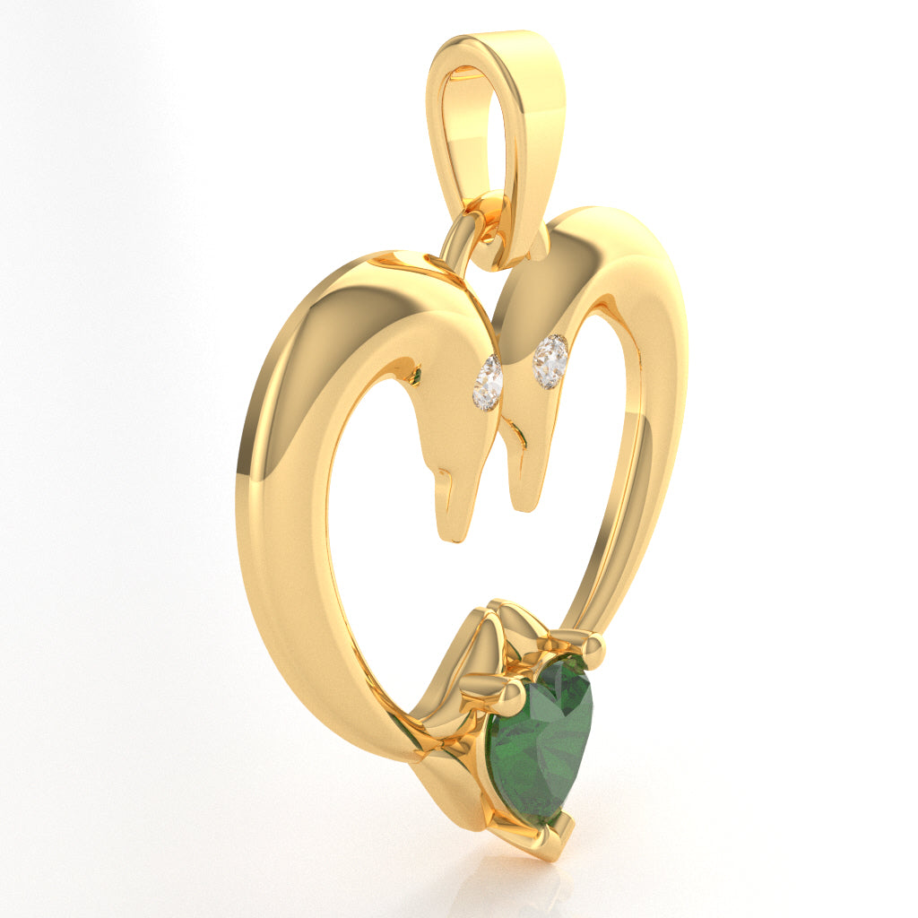 Lab-Created Emerald Diamond 2 Dolphins Heart Love Pendant In 10k Yellow Gold