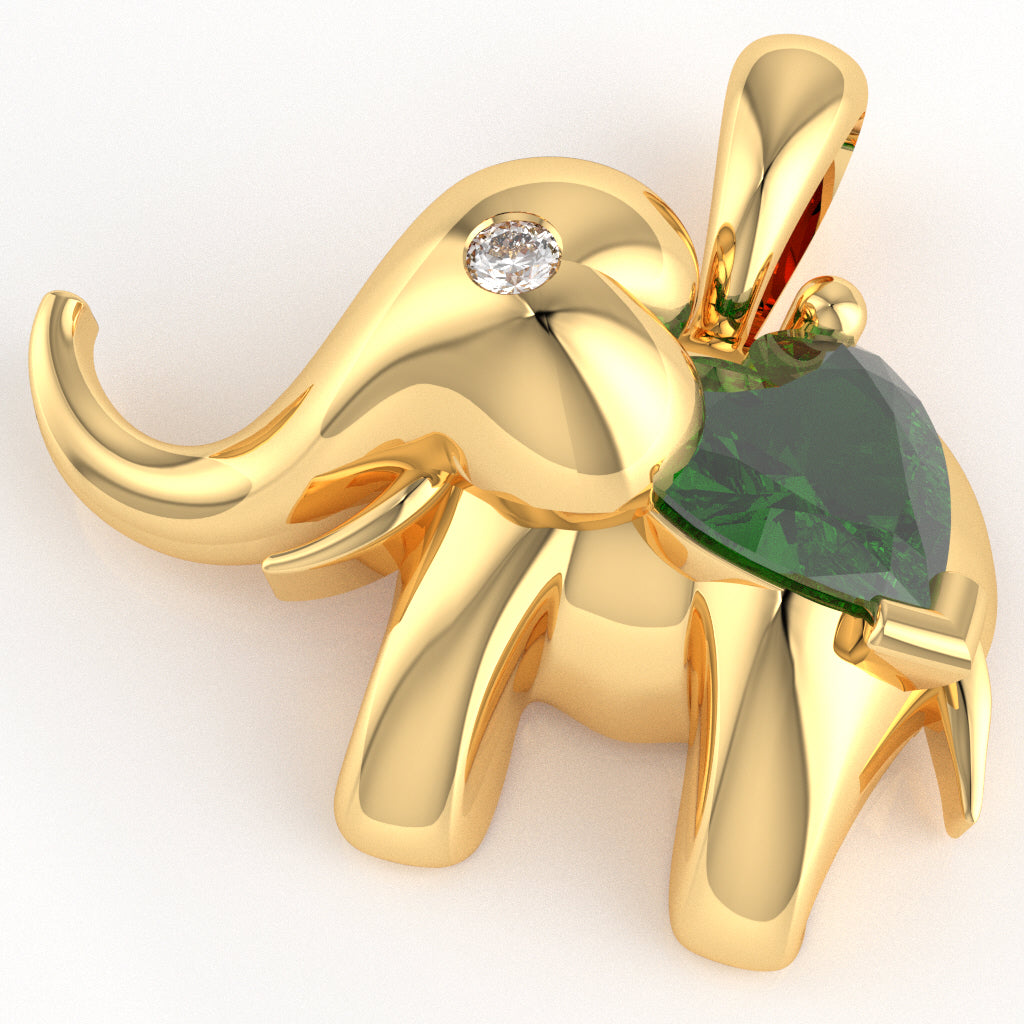 Lab-Created Emerald Diamond Elephant Heart Birthstone Pendant In 10k Yellow Gold