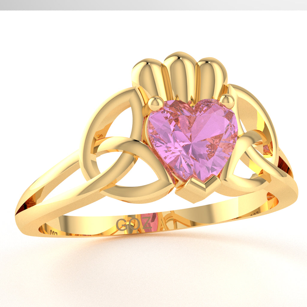 Celtic Trinity Knot Claddagh Lab-Created Pink Sapphire Engagement Ring In 14k Yellow Gold
