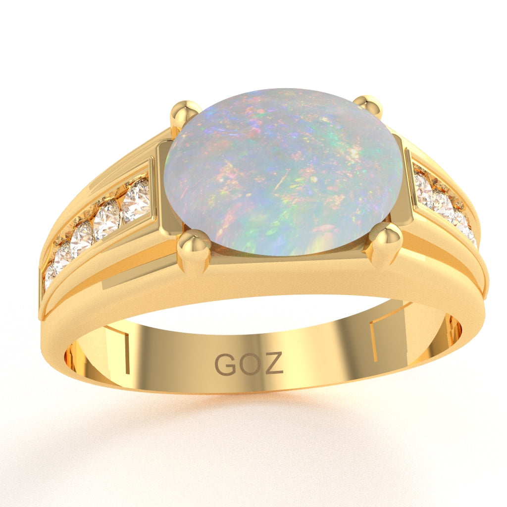 Opal Diamond Designer Channel Ring In 14k Yellow Gold