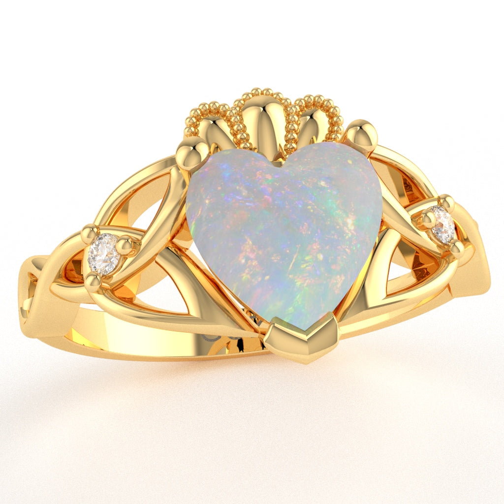 Celtic Trinity Knot Claddagh Heart Opal Diamond Ring In 10k Yellow Gold