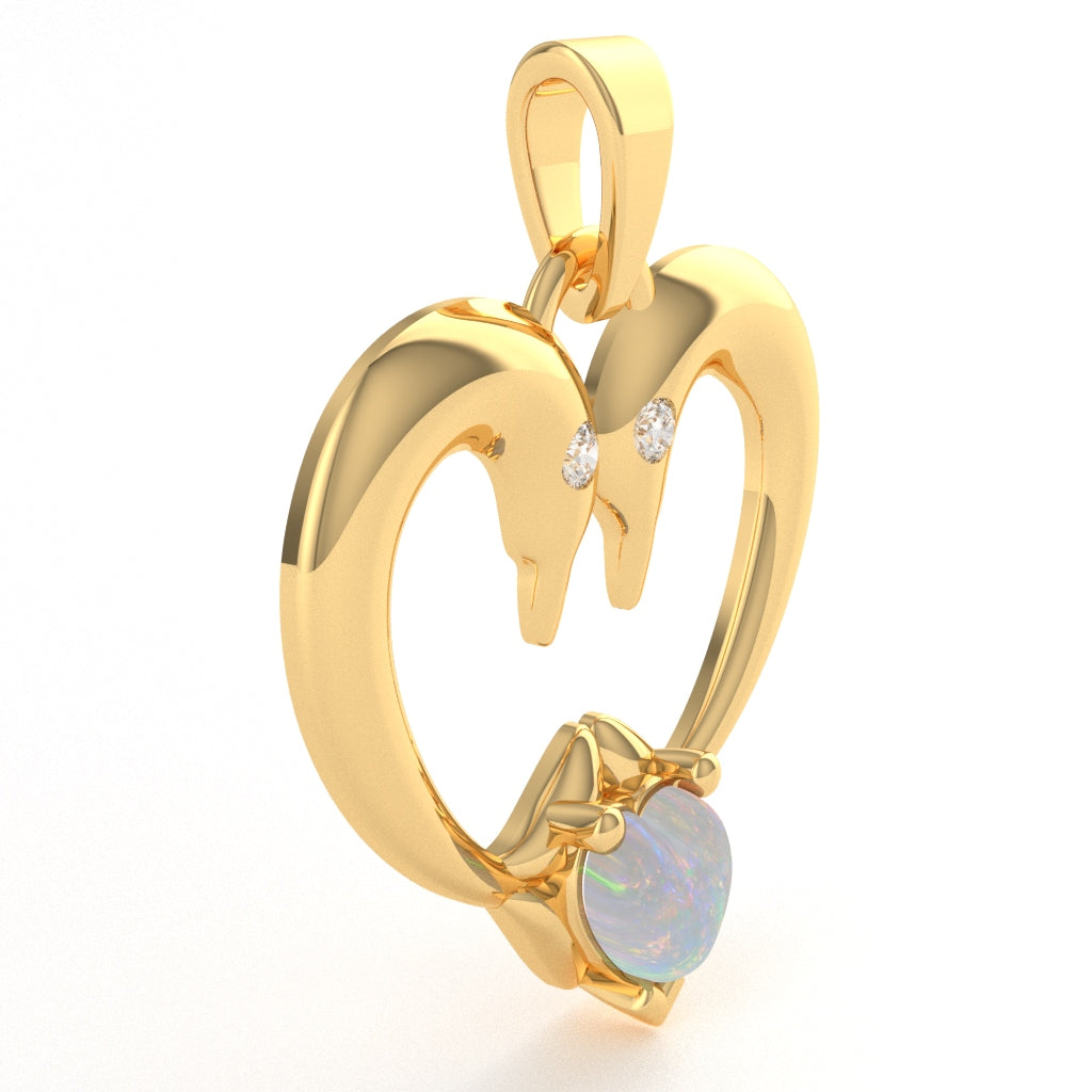 Opal Diamond 2 Dolphins Heart Love Pendant In 10k Yellow Gold