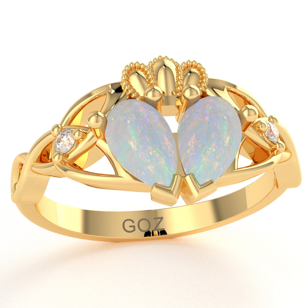 Opal Diamond Celtic Knot Heart Claddagh Ring In 14k Yellow Gold
