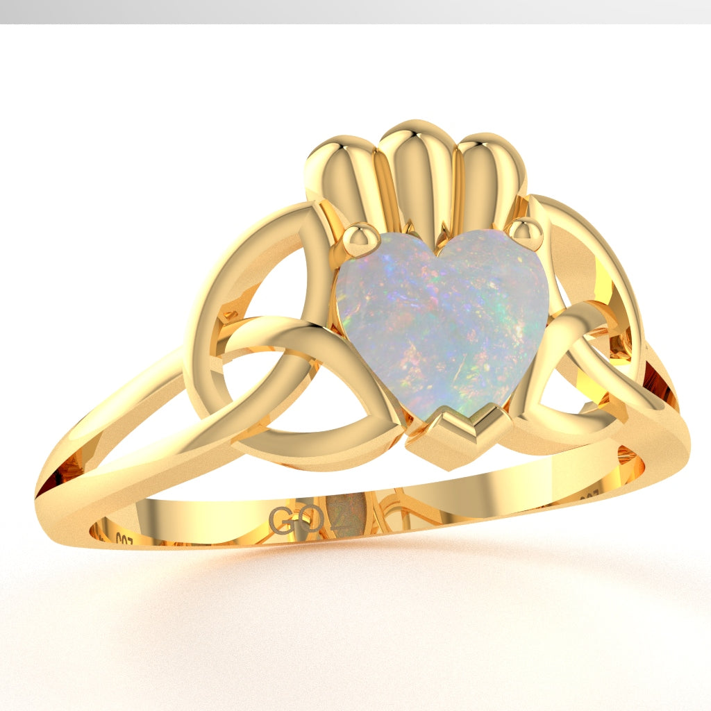 Celtic Trinity Knot Claddagh Opal Engagement Ring In 14k Yellow Gold