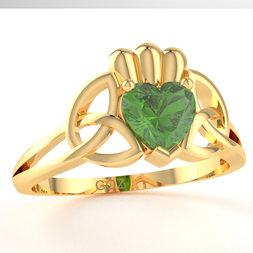 Celtic Trinity Knot Claddagh Peridot Engagement Ring In 10k Yellow Gold