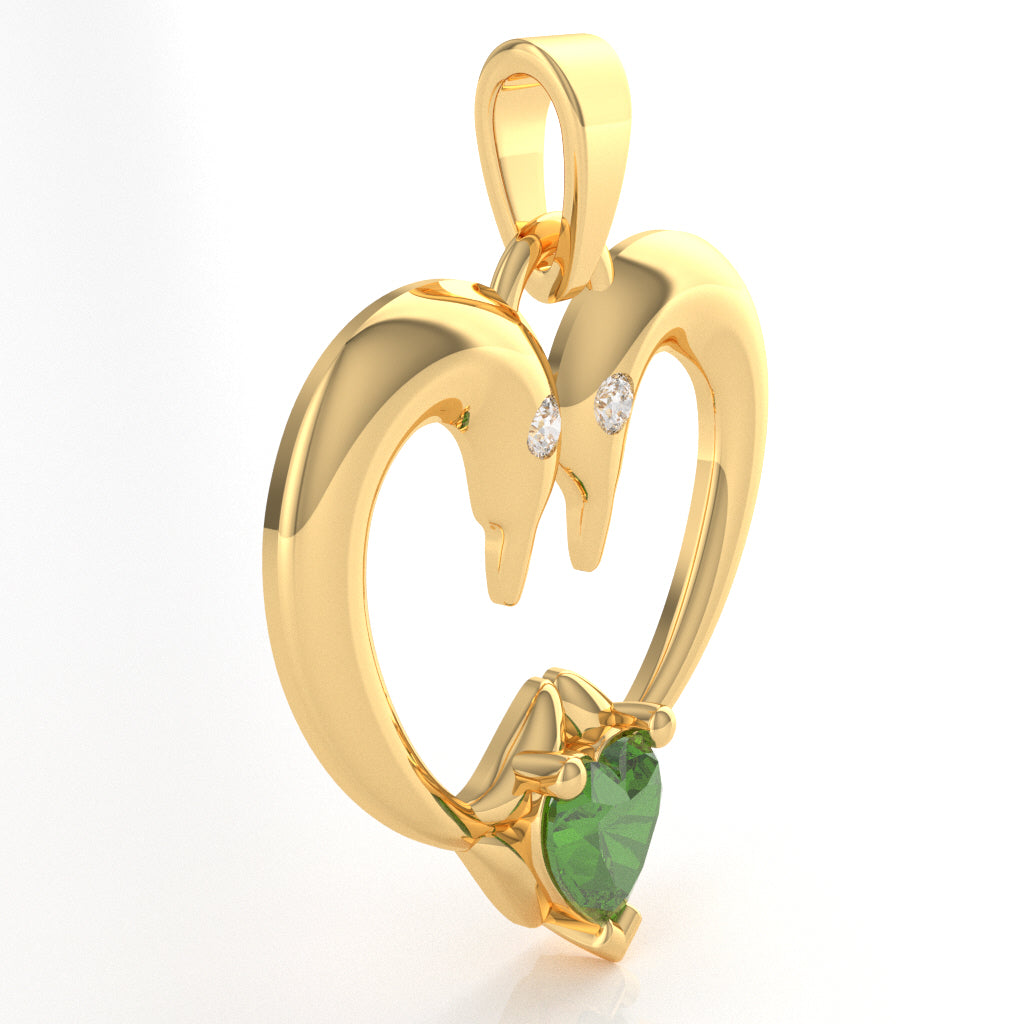 Peridot Diamond 2 Dolphins Heart Love Pendant In 10k Yellow Gold