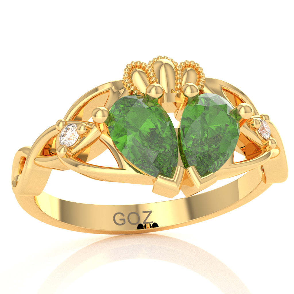 Peridot Diamond Celtic Knot Heart Claddagh Ring In 10k Yellow Gold