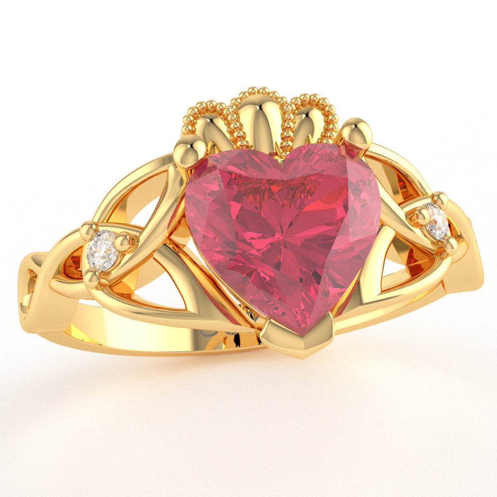 Celtic Trinity Knot Claddagh Heart Pink Tourmaline Diamond Ring In 14k Yellow Gold