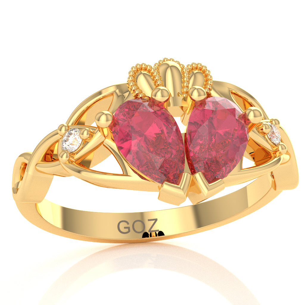 Pink Tourmaline Diamond Celtic Knot Heart Claddagh Ring In 14k Yellow Gold