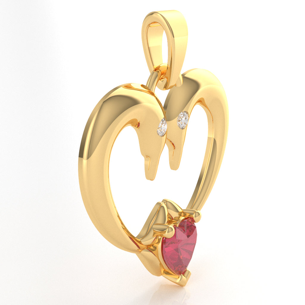 Pink Tourmaline Diamond 2 Dolphins Heart Love Pendant In 14k Yellow Gold