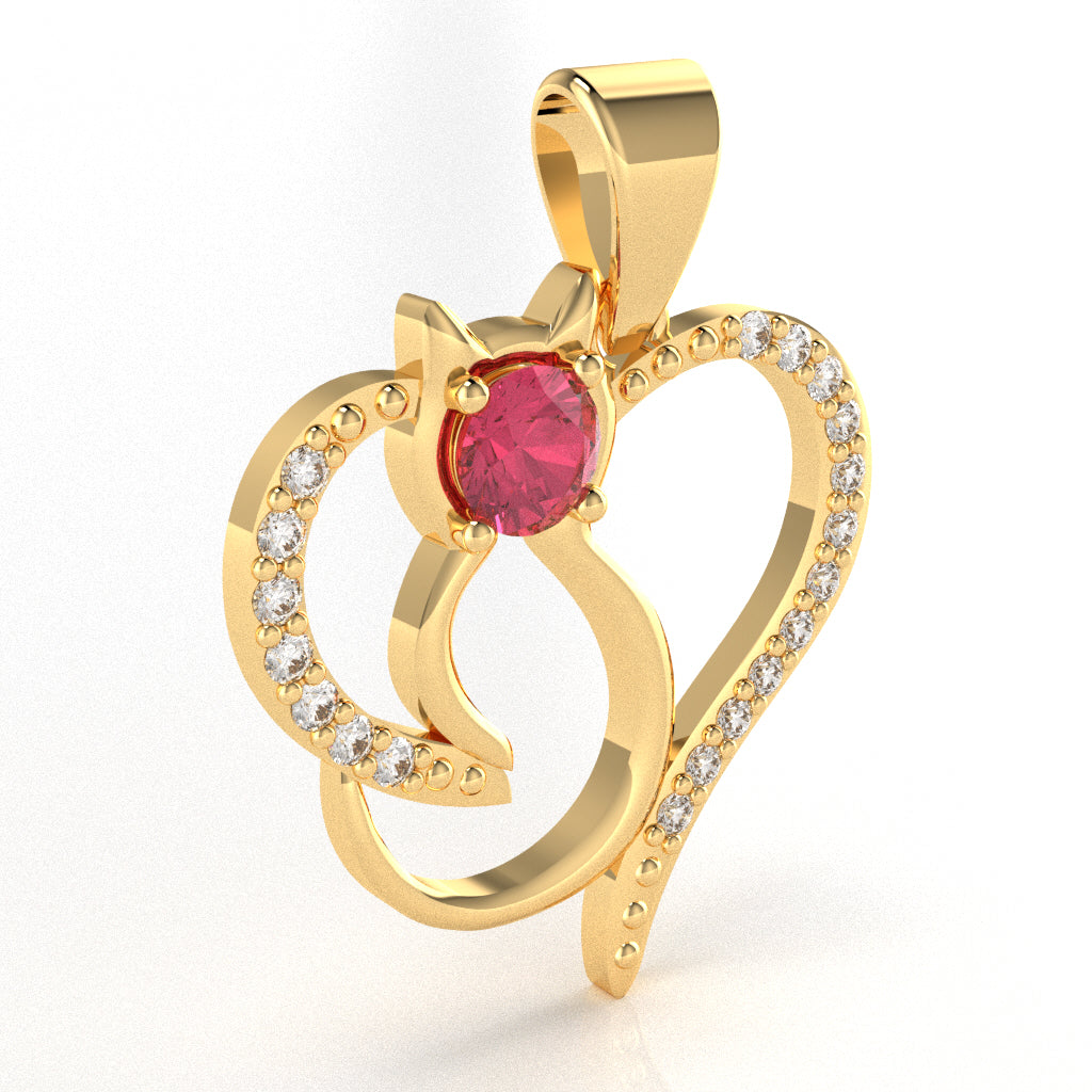 Pink Tourmaline Diamond Cat Love Heart Pendant In 14k Yellow Gold