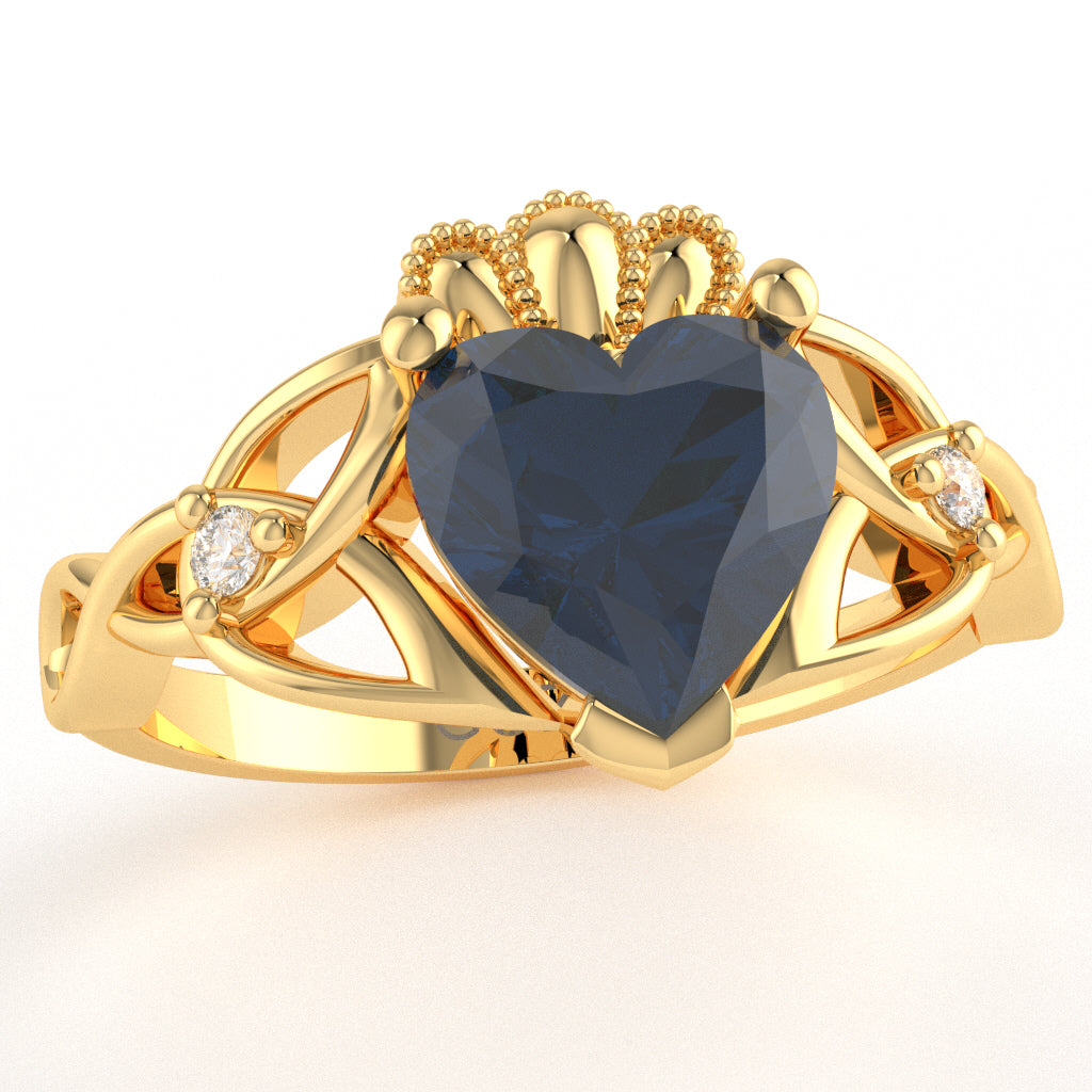 Celtic Trinity Knot Claddagh Heart Sapphire Diamond Ring In 14k Yellow Gold
