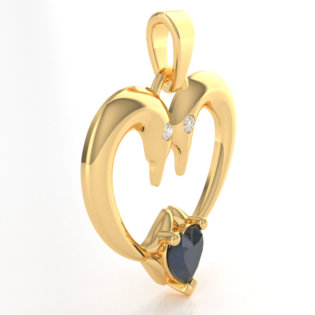 Sapphire Diamond 2 Dolphins Heart Love Pendant In 14k Yellow Gold