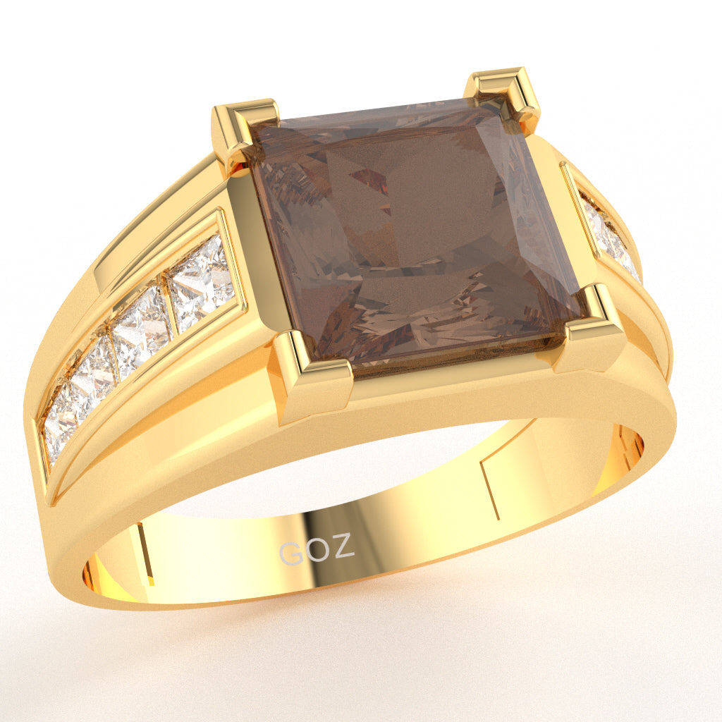 Men's Big Daddy Smoky Quartz Lab-Grown Diamond Channel Ring In Solid 10k Yellow Gold
