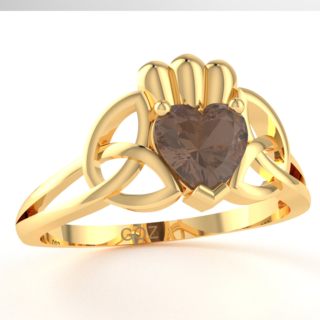 Celtic Trinity Knot Claddagh Smoky Quartz Engagement Ring In 14k Yellow Gold